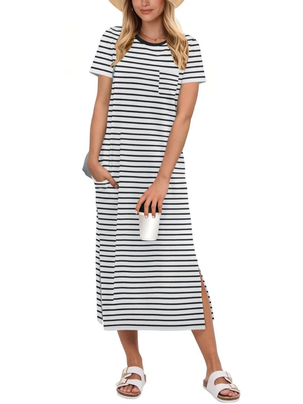 Womens Midi Dress,Summer Long Tshirts Dresses,Short Sleeve Split Stripe,Comfy